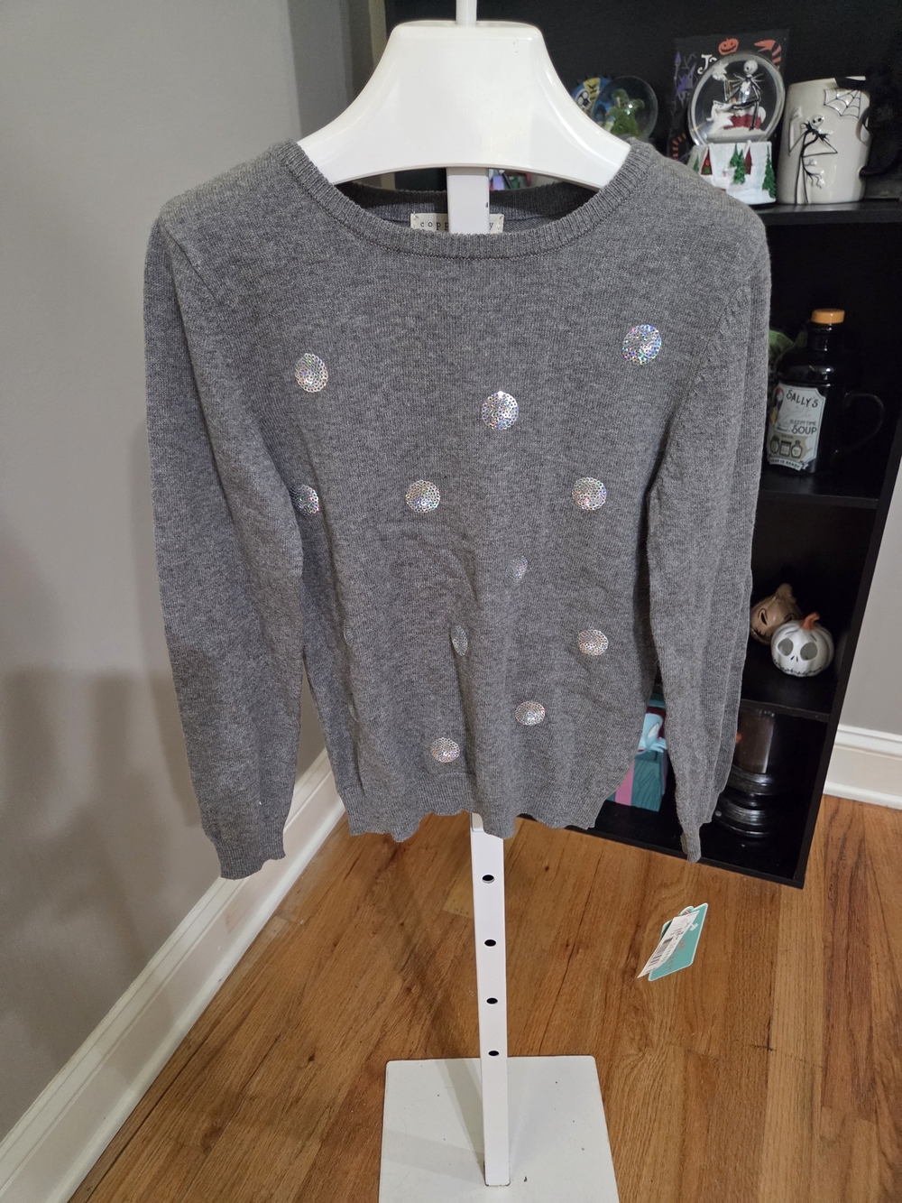 Copper Key Gray Sweater with Sequin Dot Accents